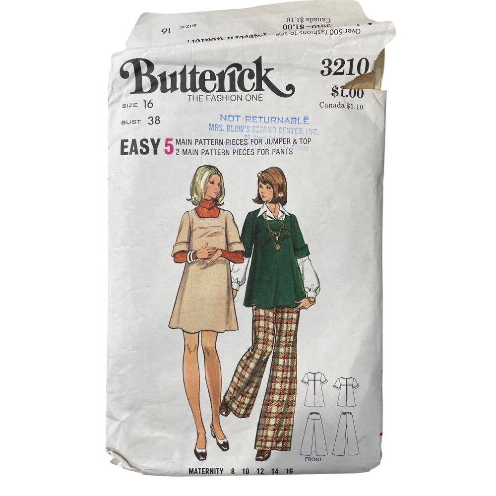Butterick 3210 Misses Maternity Jumper Top and Pants Size 16 Bust 38 Retro CUT